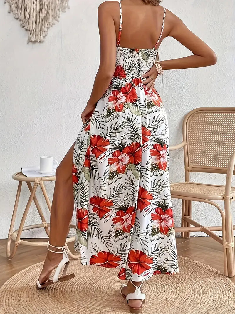 Tropical Print Spaghetti Strap Lace Waist Maxi Dress 4