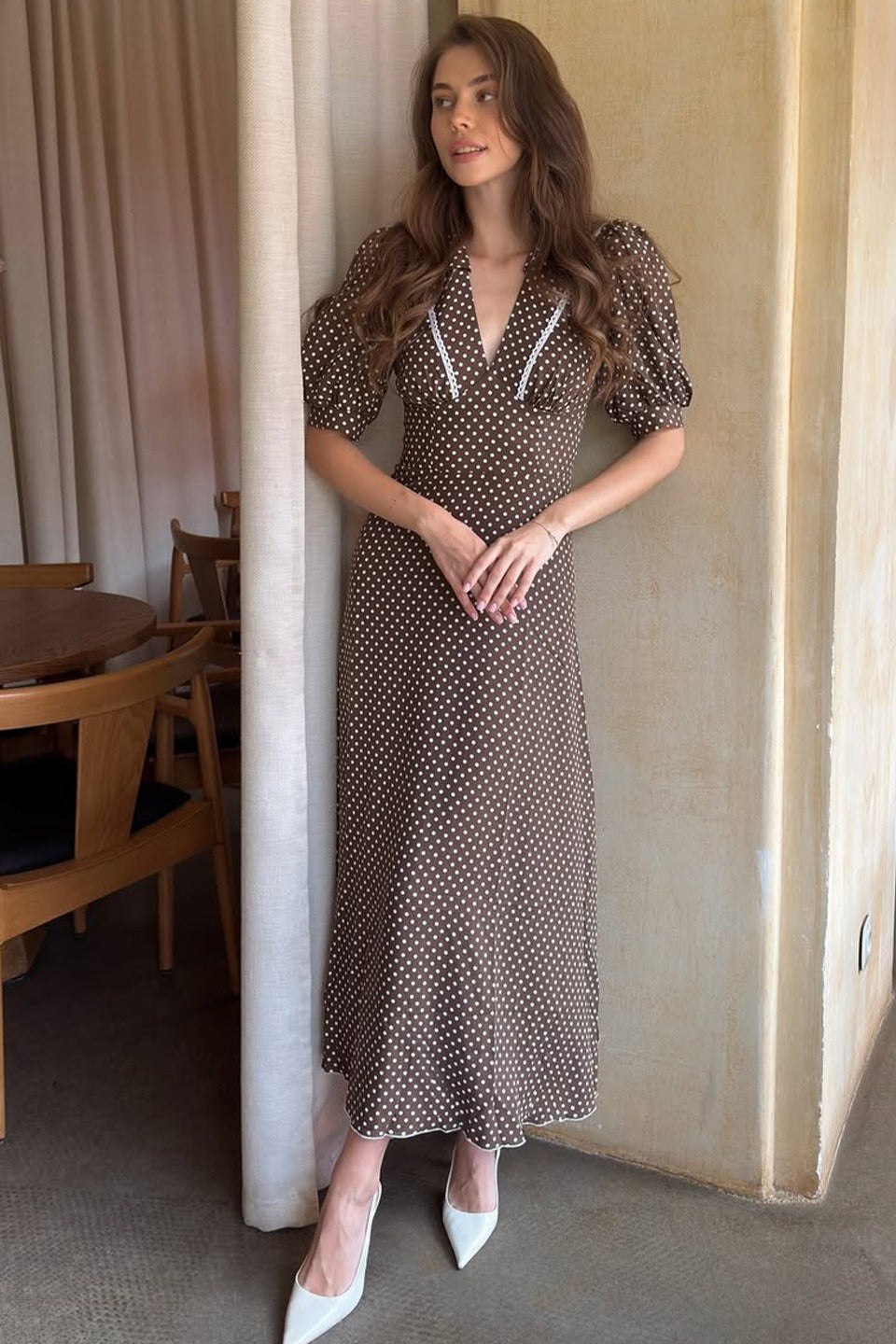 Polka Edition Dot VNeck Puff Sleeve Bodycon Maxi Dress