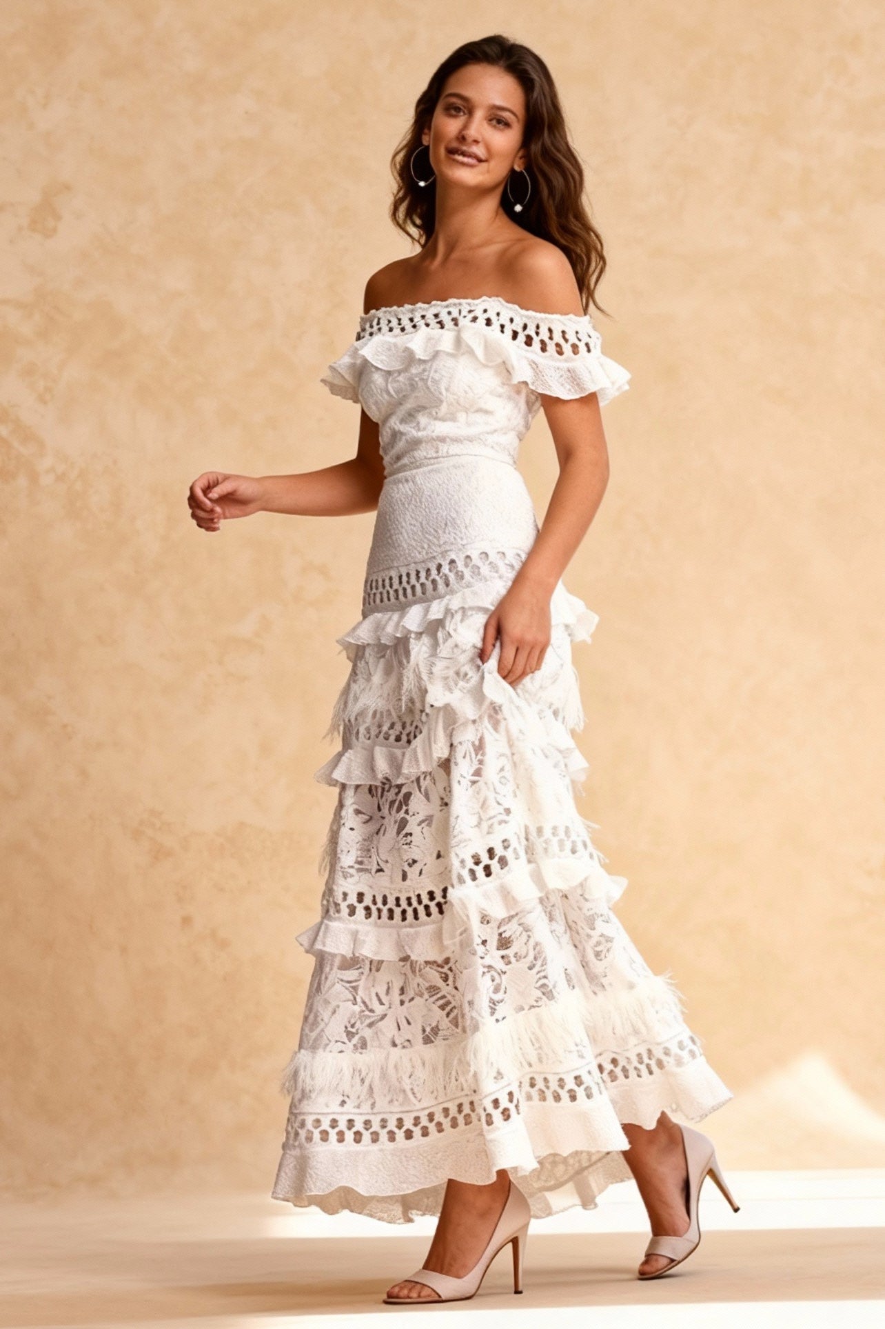 OneShoulder Ruffled Hollow Swing Graceful Lace Patchwork Long Dress