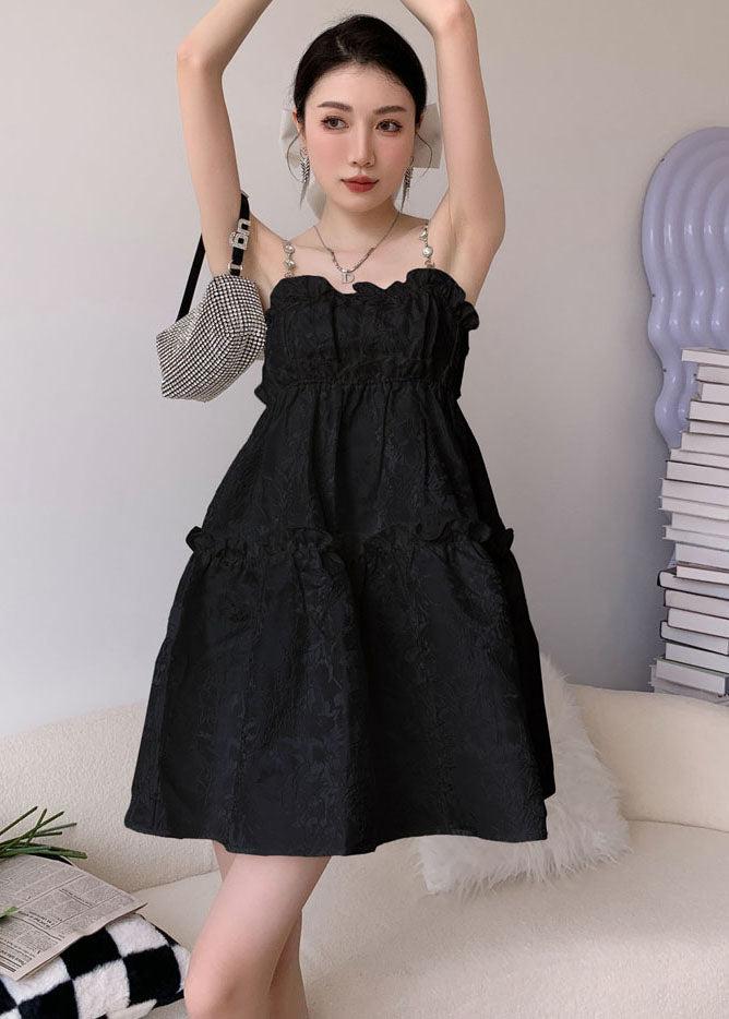 Jacquard Spaghetti Strap Pearl Rhinestone Ruffle Neck Tiered Mini Dress