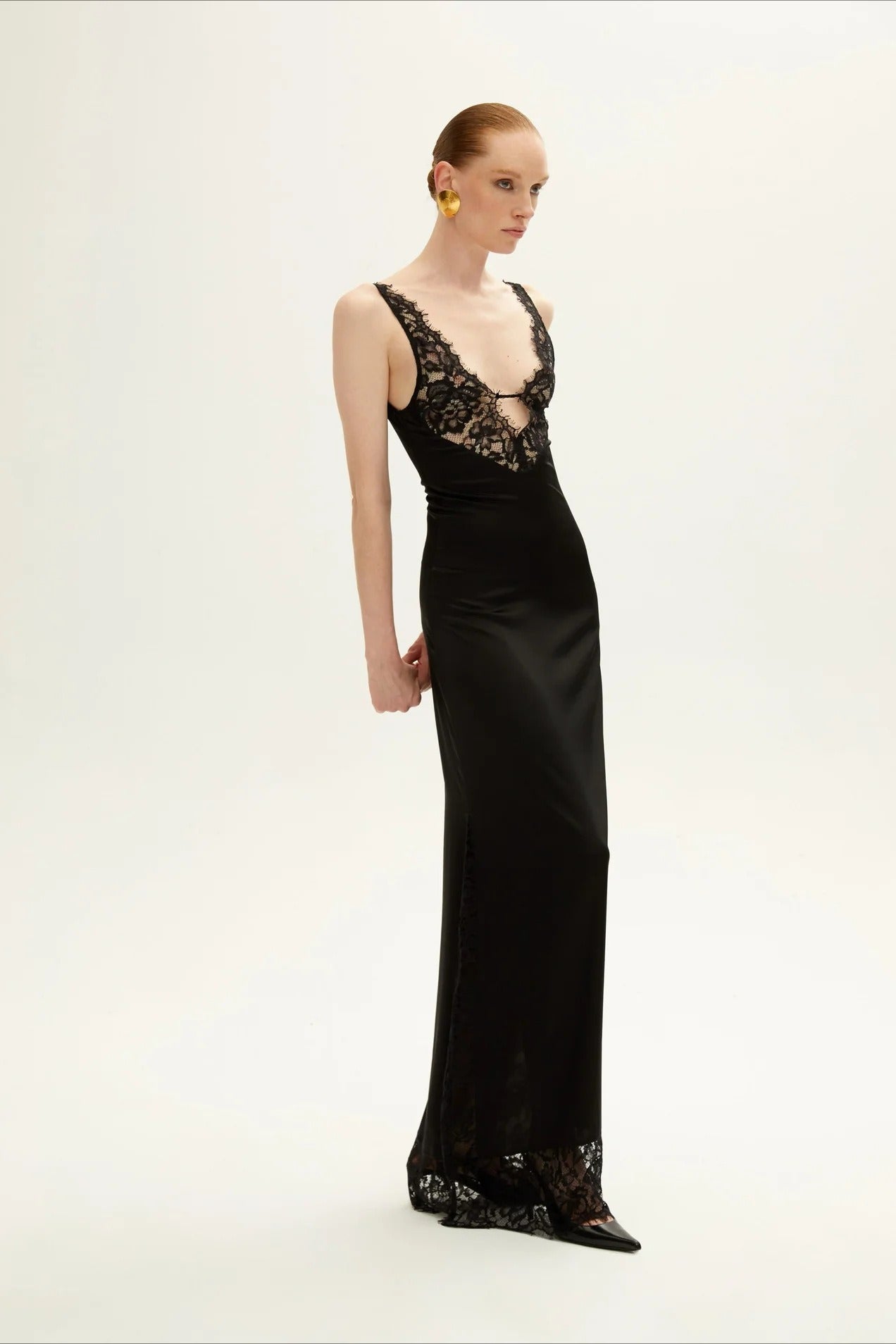 Satin Deep V-Neck Lace Trim Slip Maxi Dress