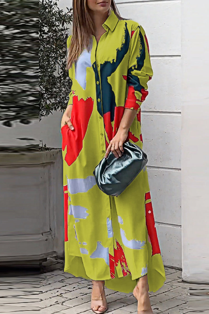 Collared Button Front Long Sleeve Pocket Slit Maxi Shirt Dress