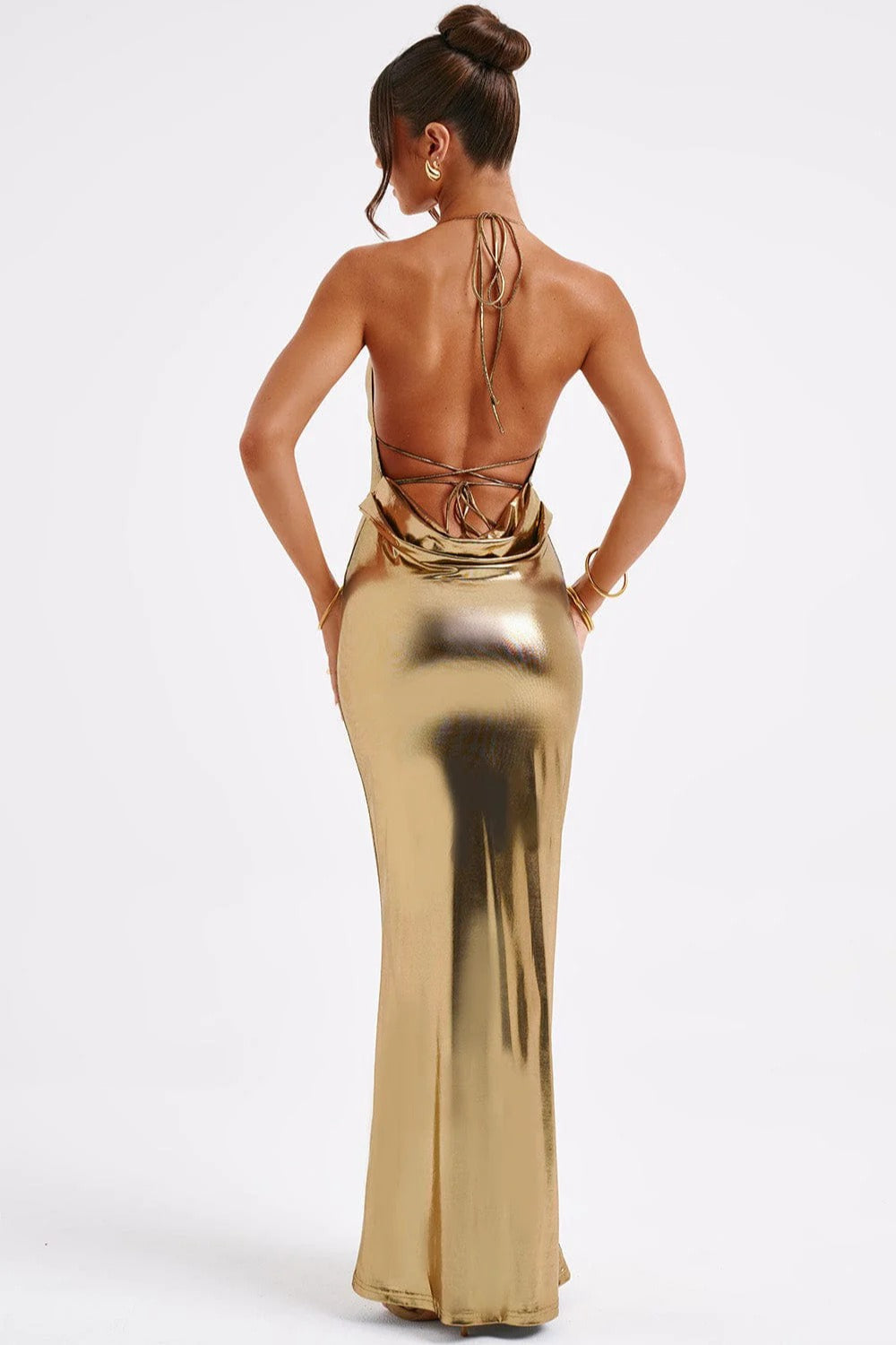 Metallic Spaghetti Strap Ruched Bodycon Fishtail Maxi Dress