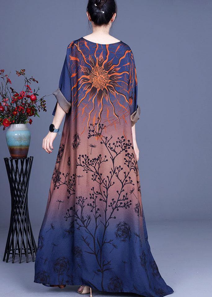 Sunburst Botanical Print Scoop Neck Three Quarter Sleeve Oversized Maxi Dress