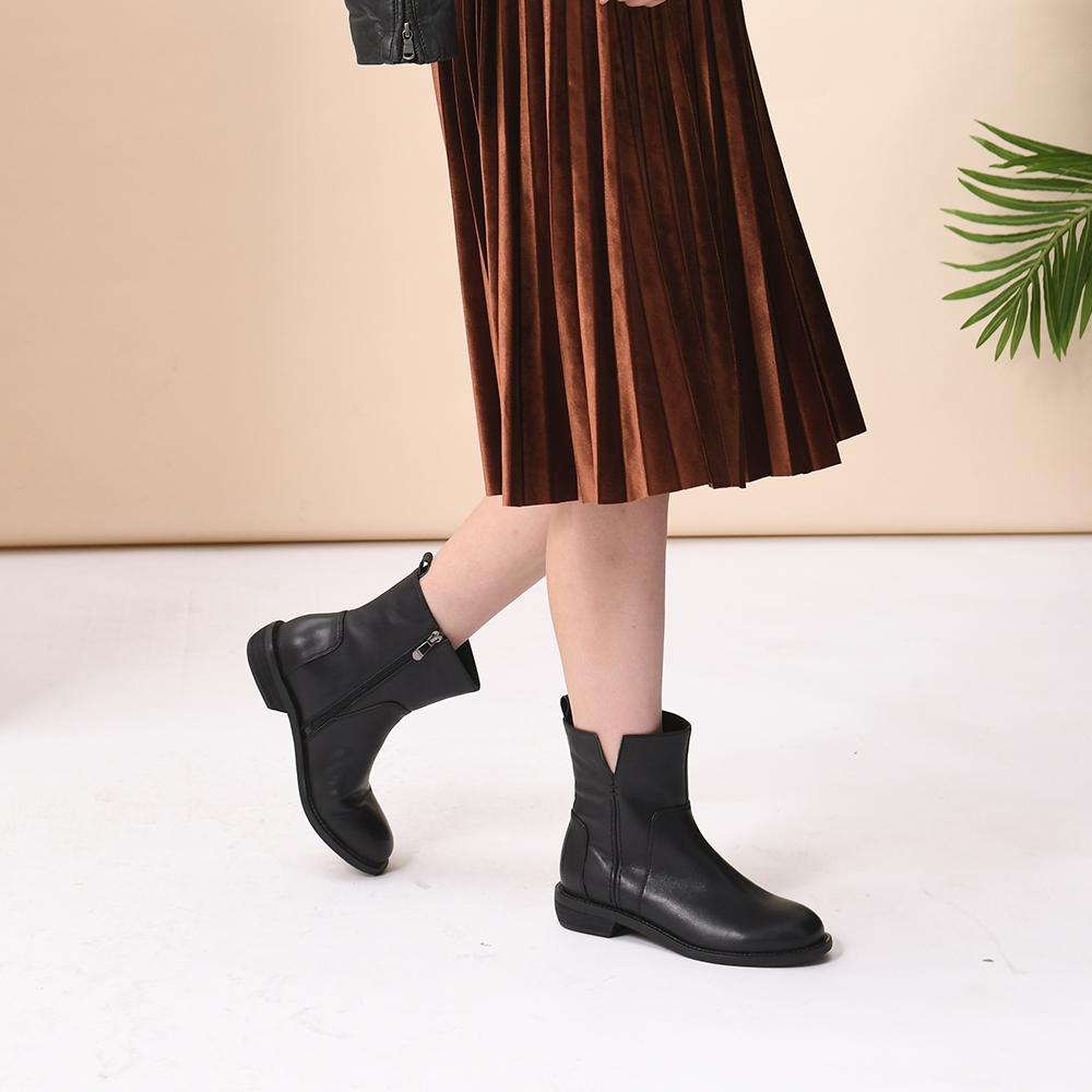 Handmade Genuine Leather Booties Round Toe Side Zip Low Heels Chic Mid-Calf Boots Black Short Plush Lining