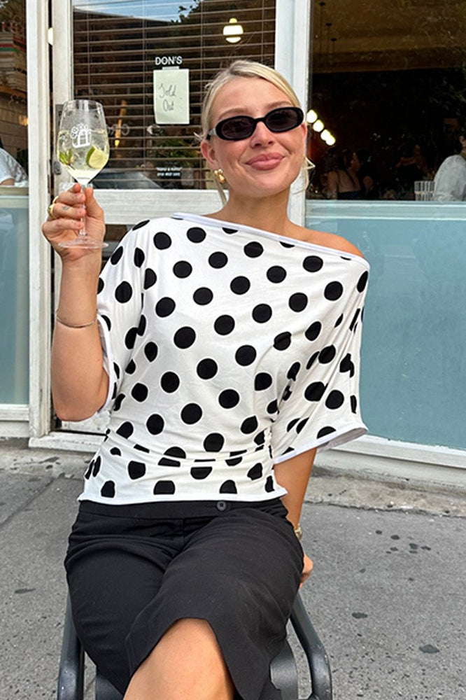 Polka Dot Off Shoulder Short Sleeve Oversized T-Shirt Mini Dress 4