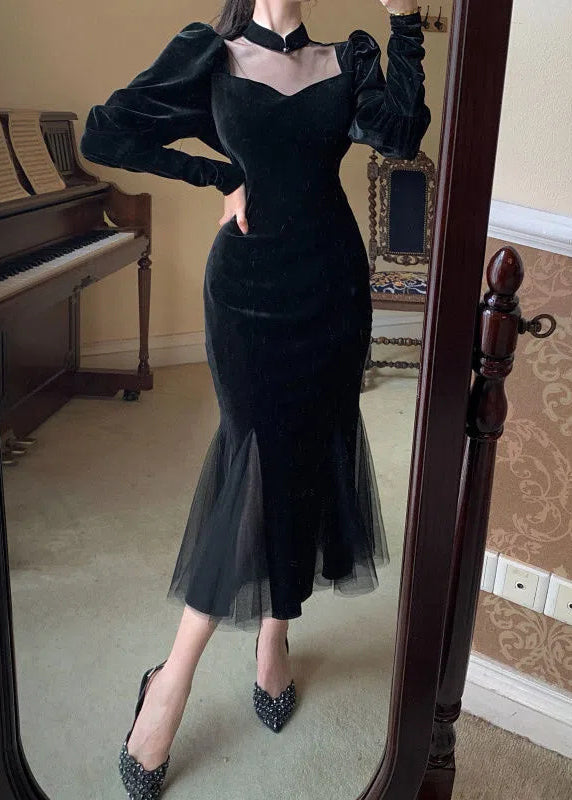 Velvet Sweetheart Choker Collar Puff Sleeve Mesh Panel Mermaid Gown