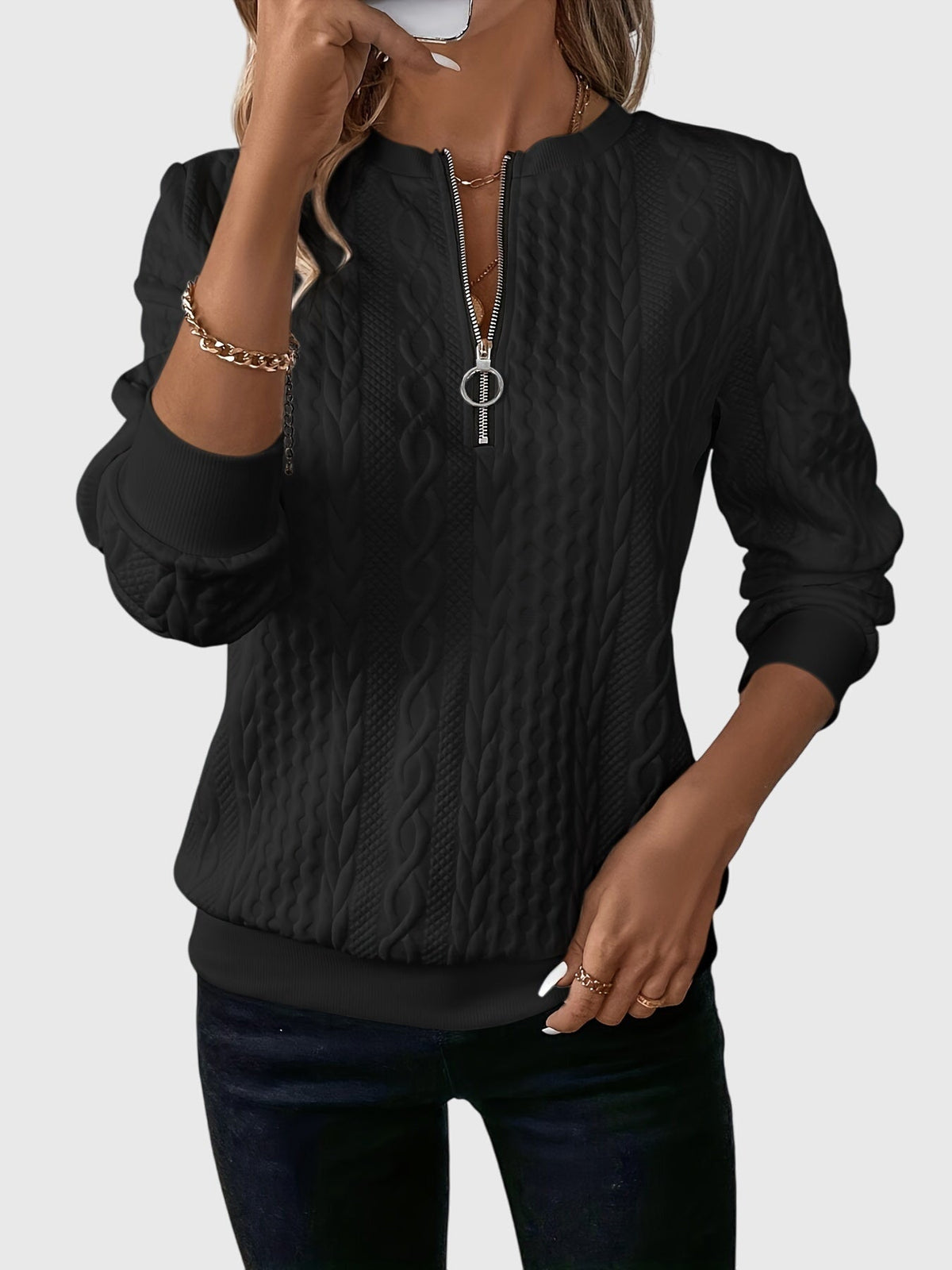 Quarter Zip Cable Knit Long Sleeve Sweatshirt