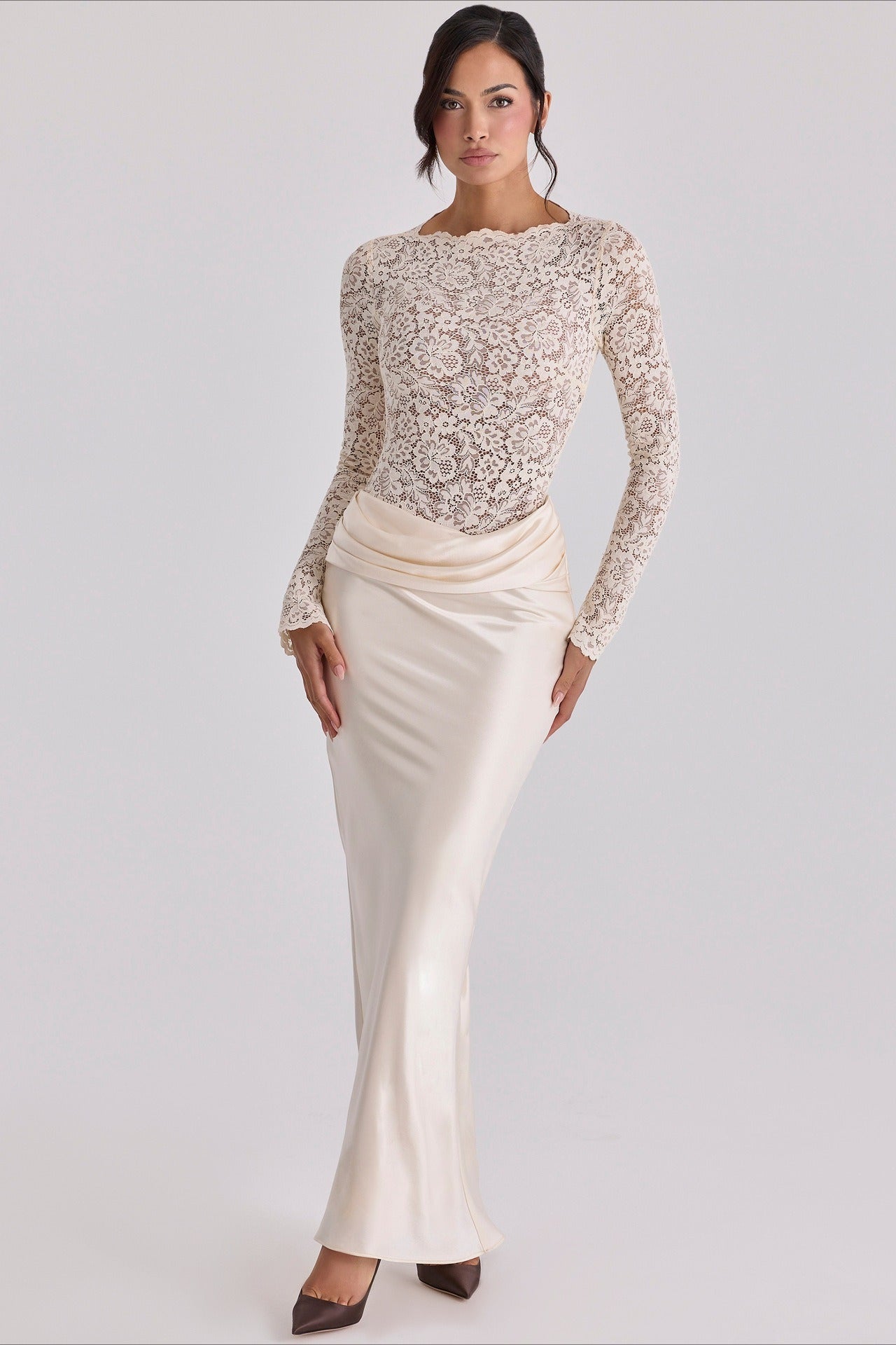 Sheer Lace Panel Ruched Satin Mermaid Maxi Lace Dress