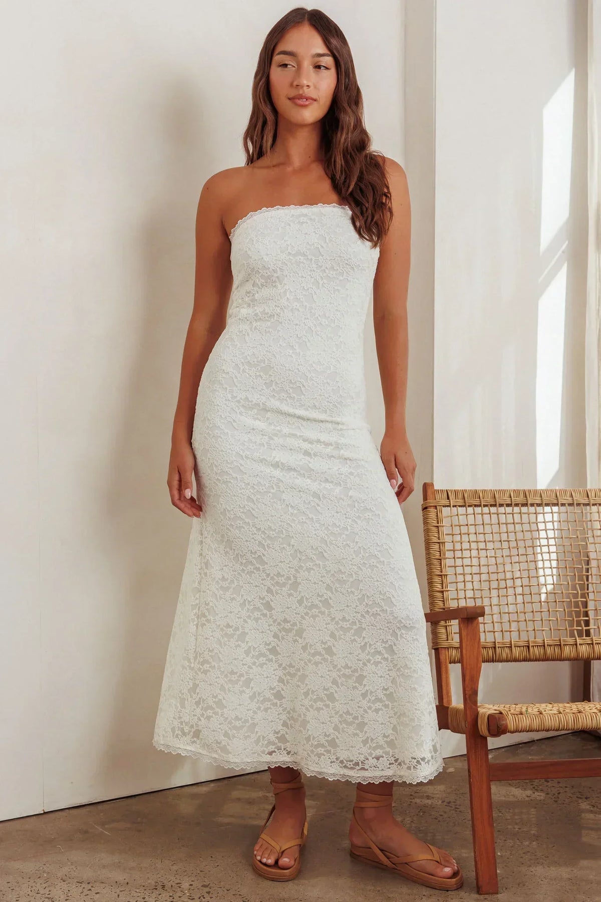Floral Lace Strapless Scalloped Hem Column Maxi Dress