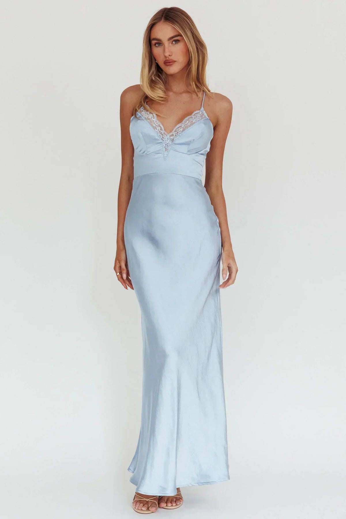 Satin Lace Trim V-Neck Halter Bias Cut Maxi Dress 6