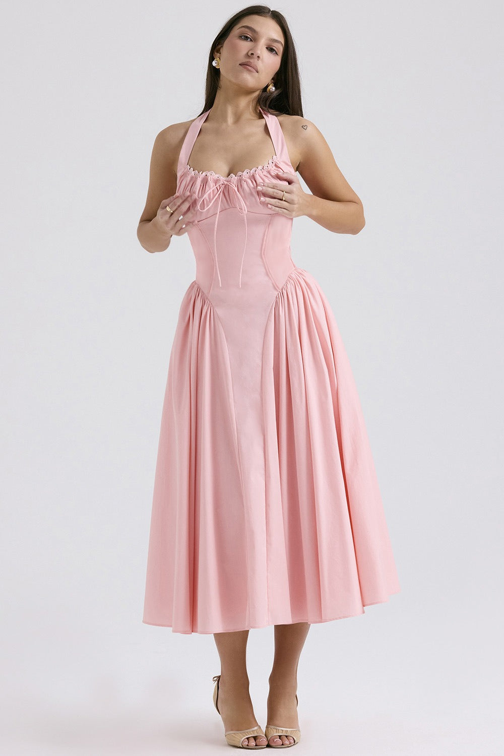 Halter Neck Ruched Corset Fit and Flare Midi Dress