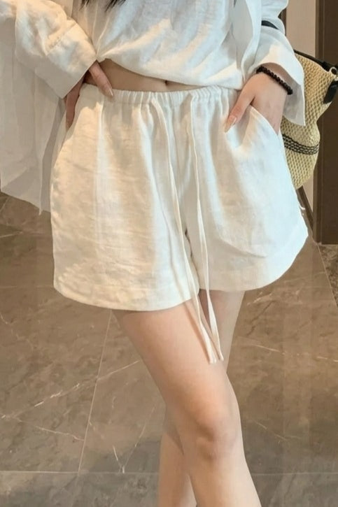 Elastic Waist Long Drawstring Textured Wide Leg Pocket Shorts 3