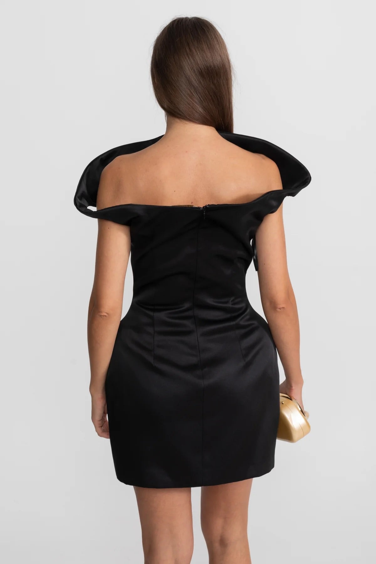 Satin Sculptural Shoulder Boat Neck Structured Hip Mini Dress 2