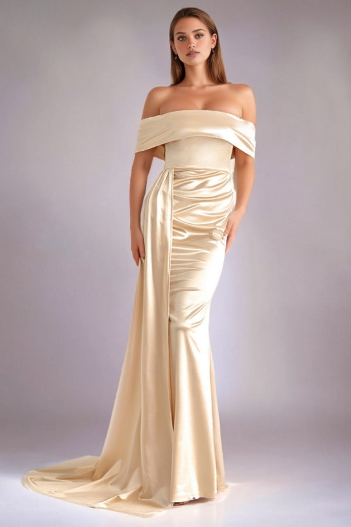 Solid Satin OffShoulder Strapless High Waist Formal Dress