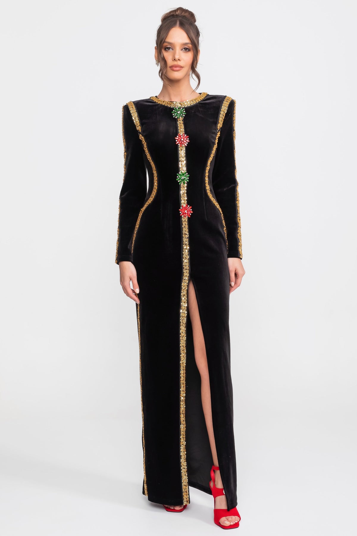 Velvet Long Sleeve Sequin Trim Jewel Embellished High Split Maxi Gown 3