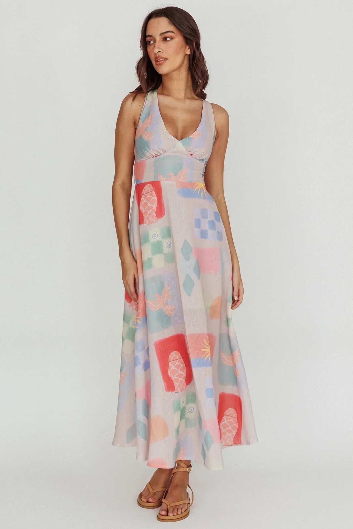 Abstract Print V-Neck Sleeveless Empire Waist A-Line Maxi Dress 5