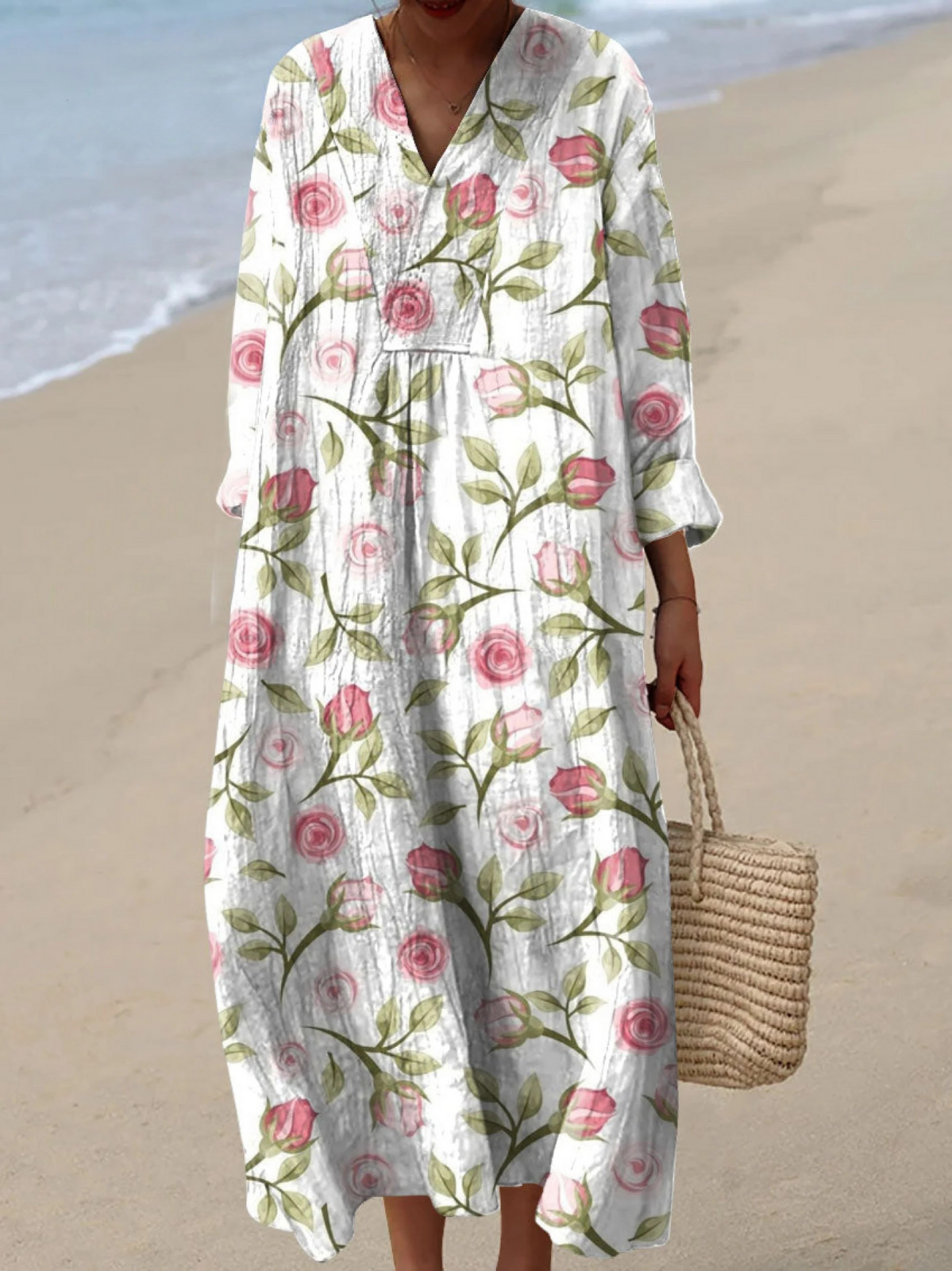 Rose Floral V-Neck Long Sleeve Maxi Dress