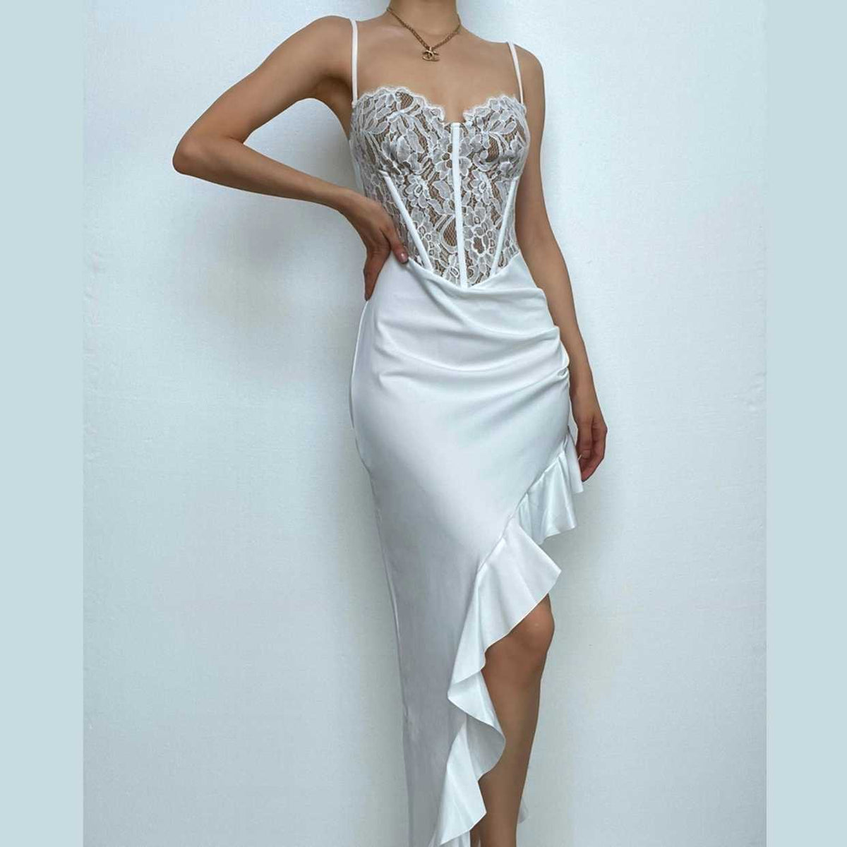 Lace Corset Bodice Satin Ruffle High Split Cami Maxi Dress