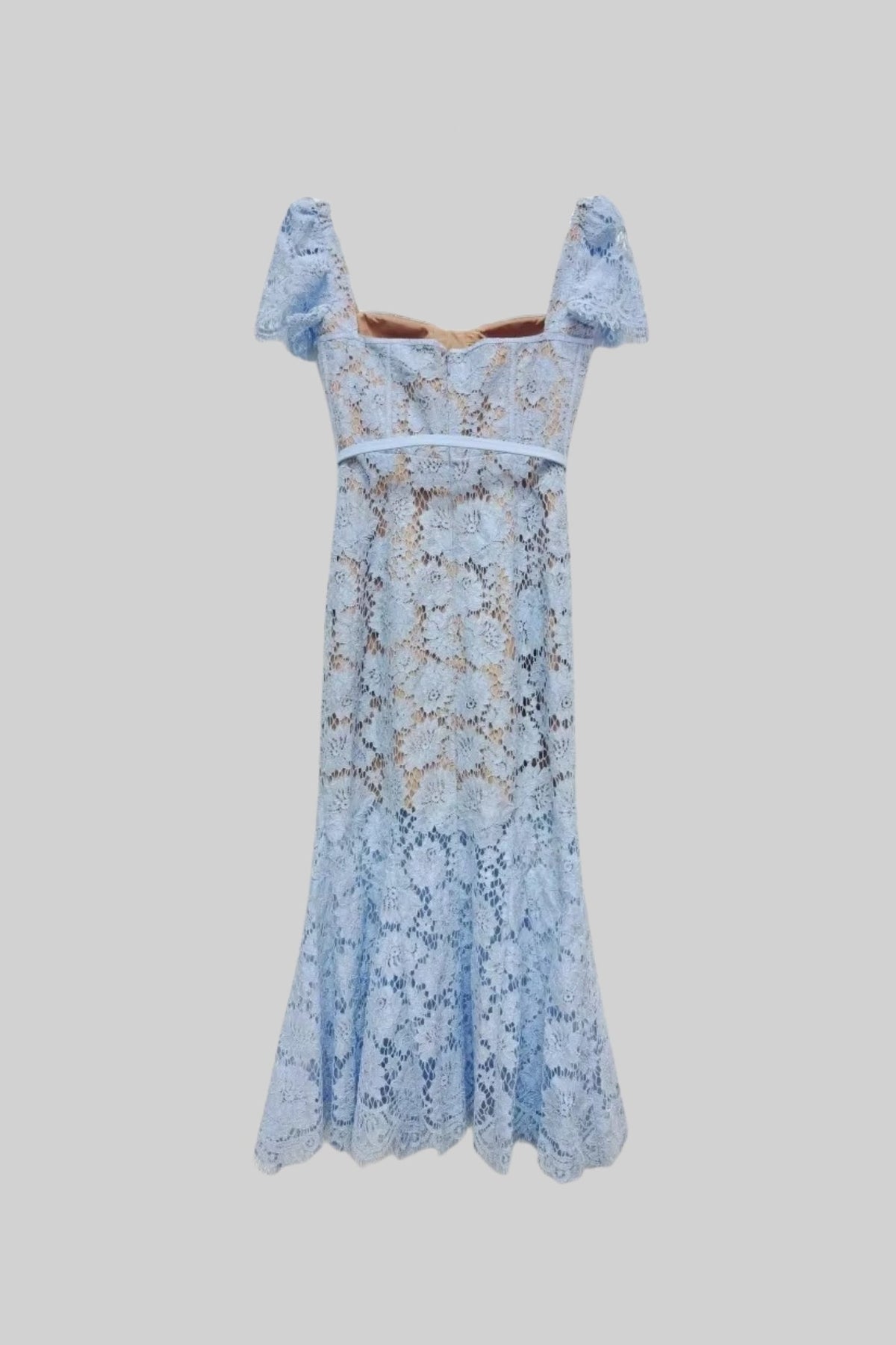 Lace Short Sleeve Sweetheart Corset Belted Trumpet Ruffle Midi Dress - View 4