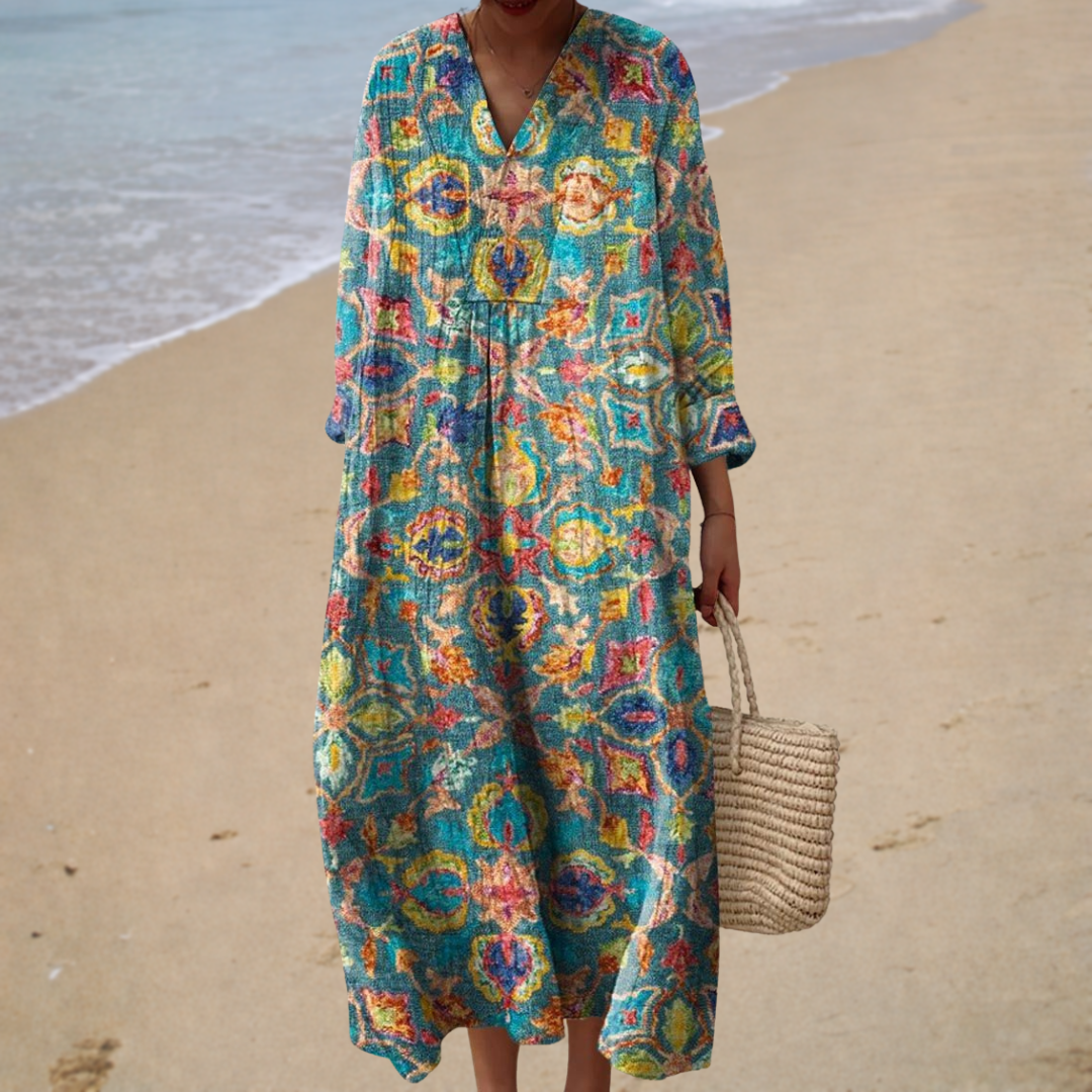 Ethnic Print V-Neck Long Sleeve Pocket Maxi Dress