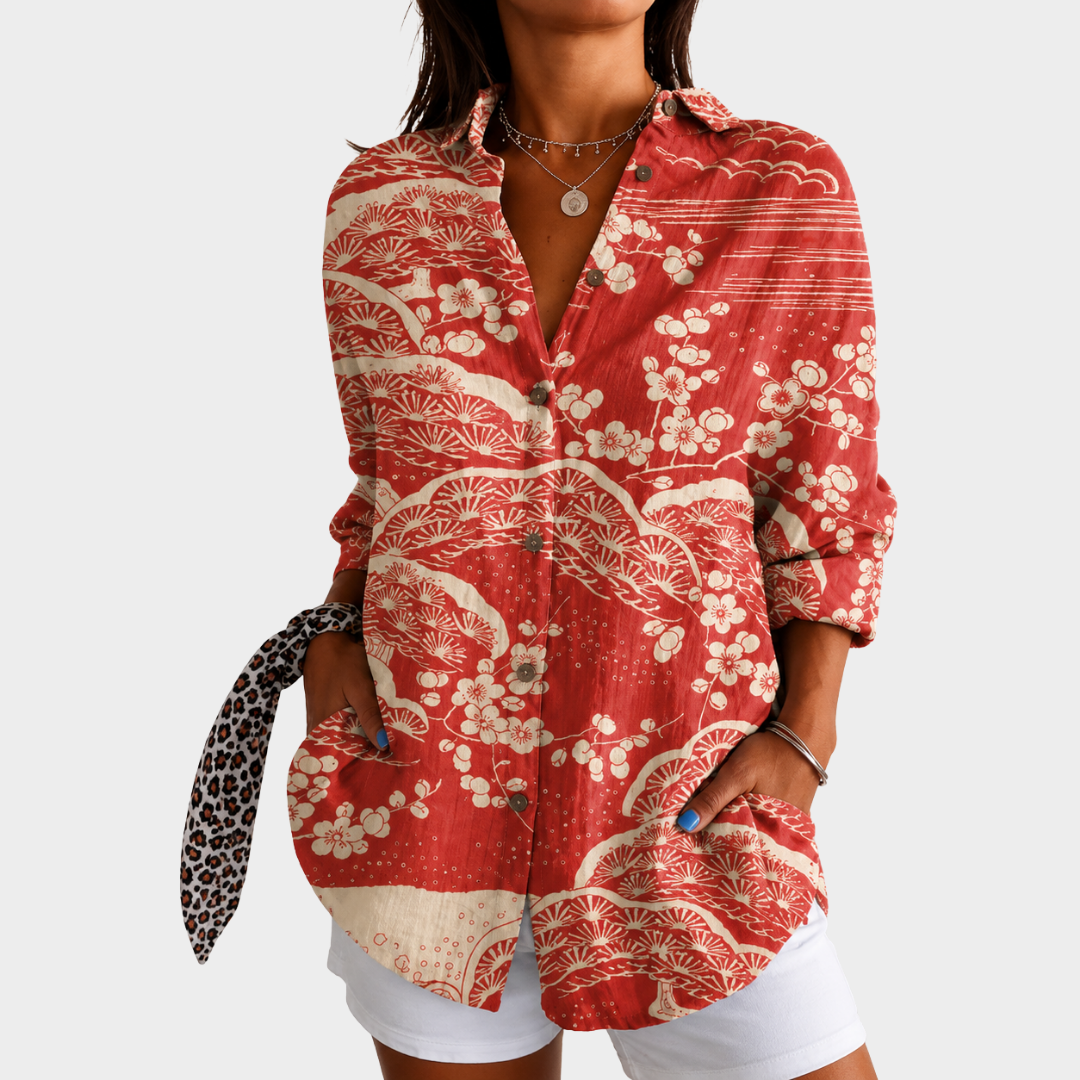 Long Sleeve Blossom Wave Print Button Up Shirt