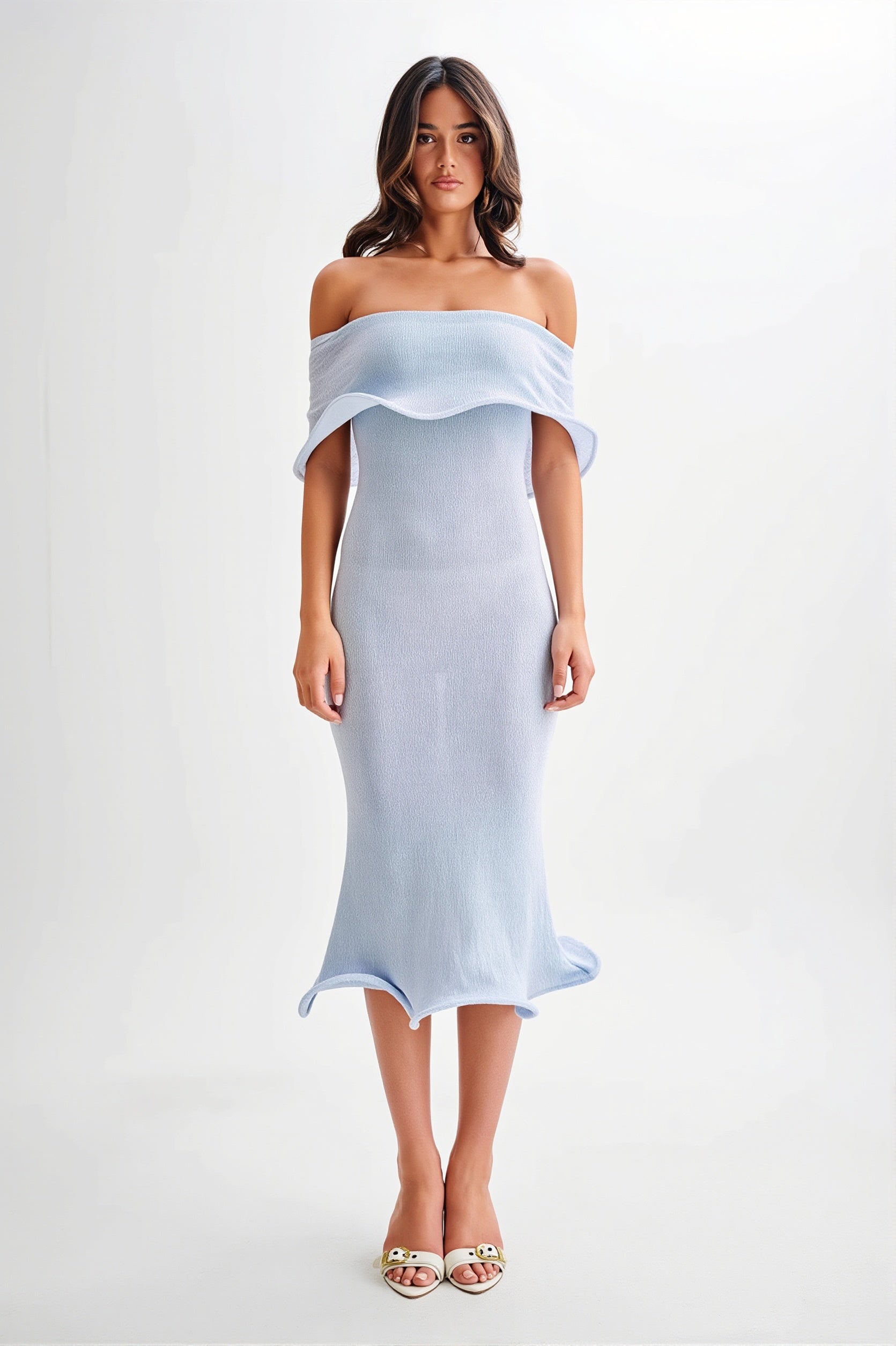 Ruffle Off Shoulder Knit Midi Dress