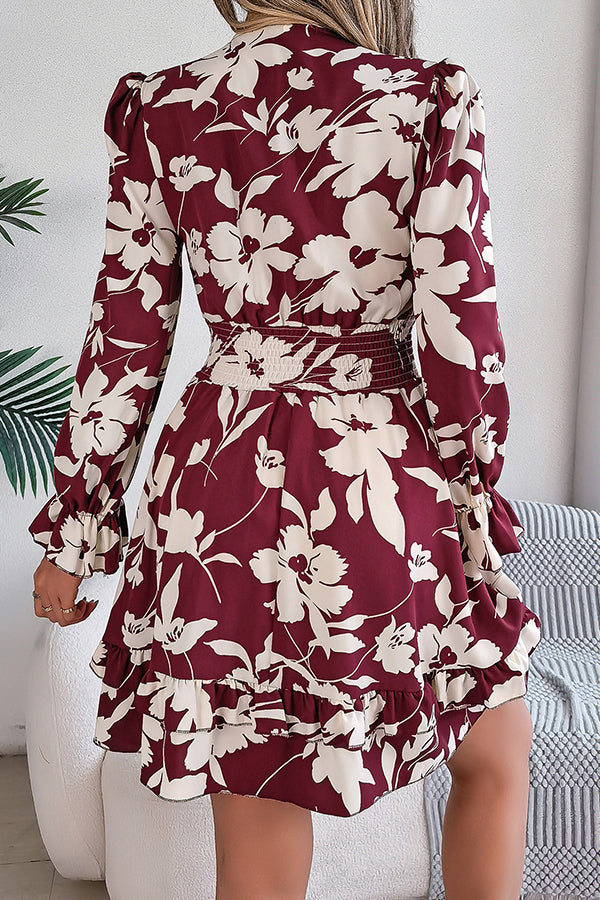 Floral Print V-Neck Tie Front Long Sleeve Ruffle Hem Mini Dress