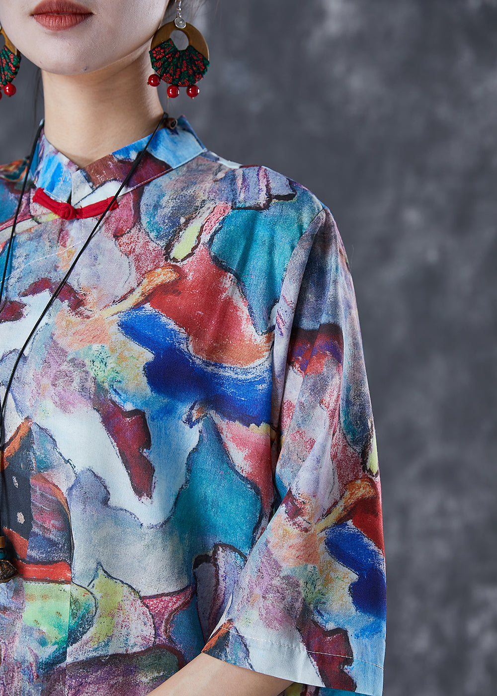 Abstract Print Mandarin Collar Frog Button Short Sleeve Side Slit Shift Dress