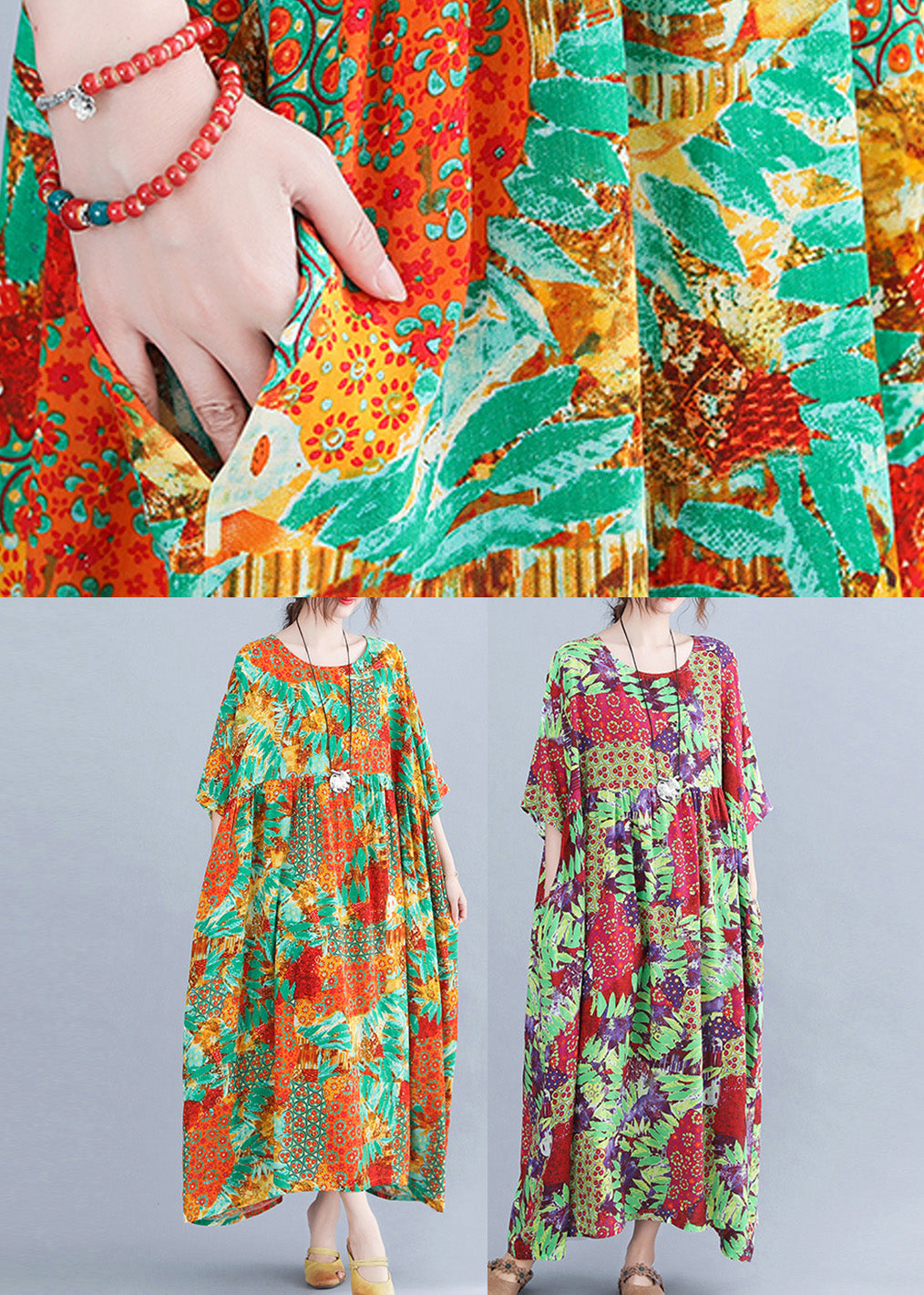 Patchwork Floral Print Round Neck Short Sleeve Empire Waist Pocket Maxi Dress