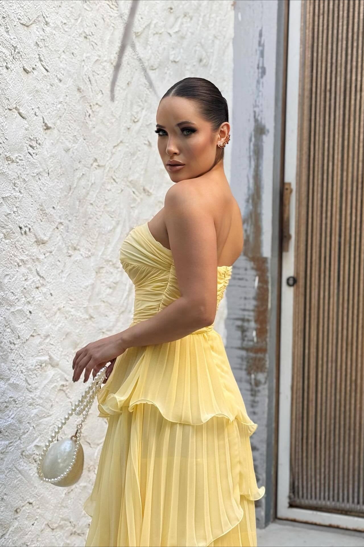 Strapless Ruched Tiered Pleated Chiffon Maxi Prom Dress