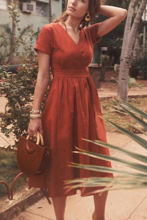 V Neck Short Sleeve Midi Dress