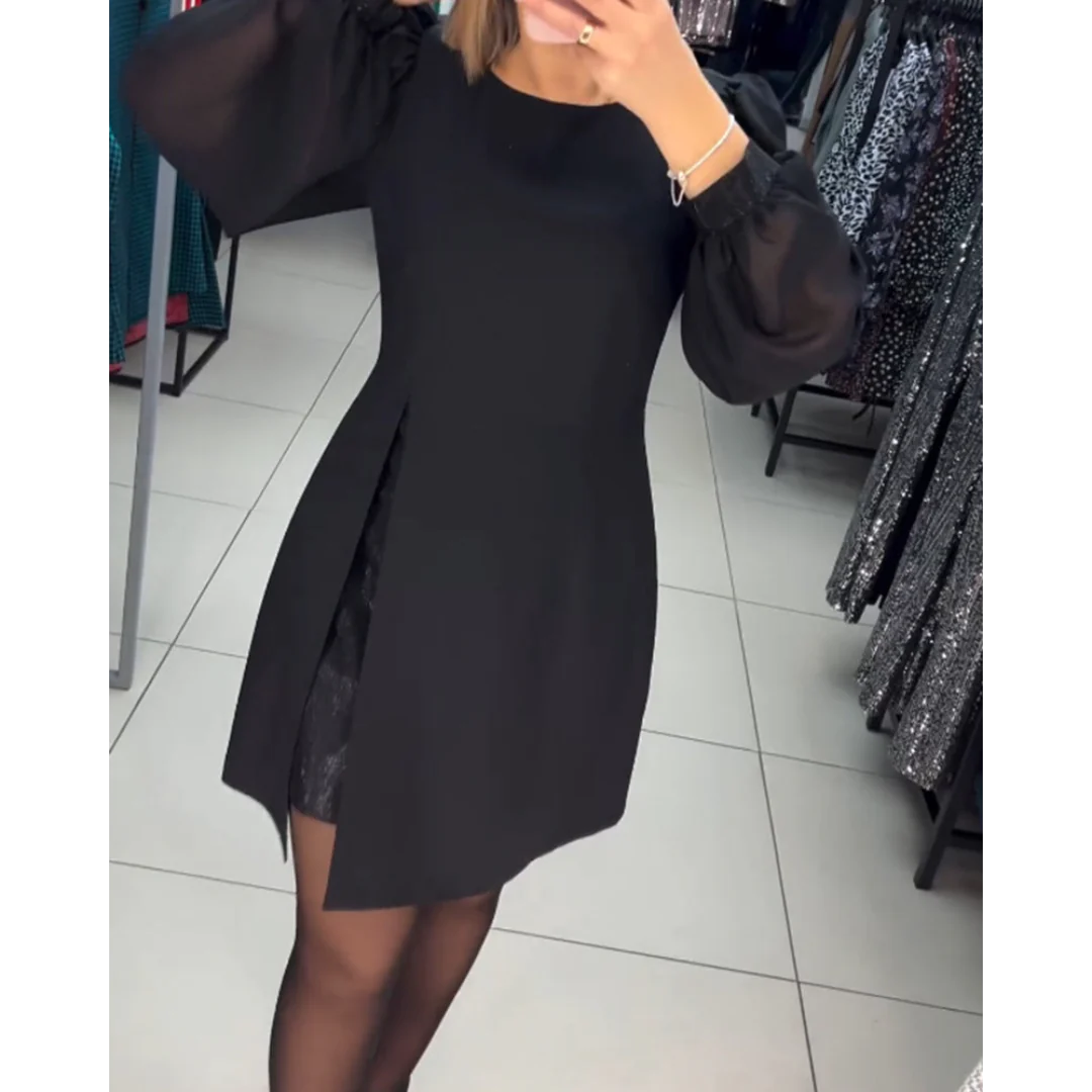 Chiffon Balloon Sleeve Overlap Front Slit Mini Dress