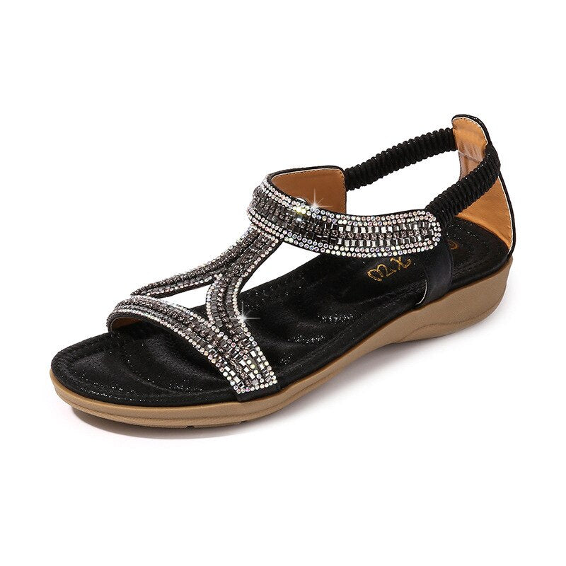 Sandals Hollow Triangle Rhinestone Sandals Soft Bottom Wedge Flat