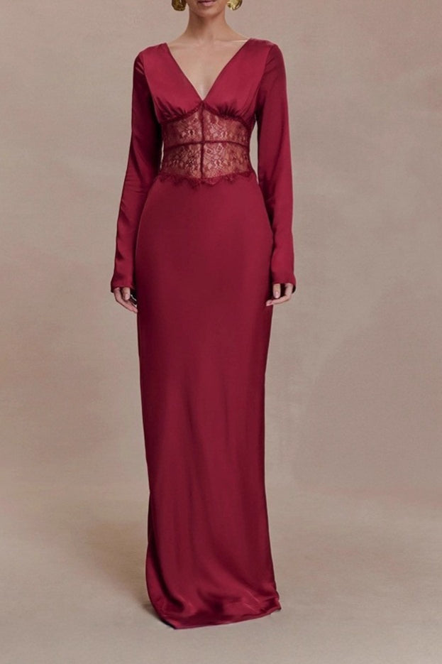 Deep V-Neck Lace Panel Bodycon Maxi Lace Dress