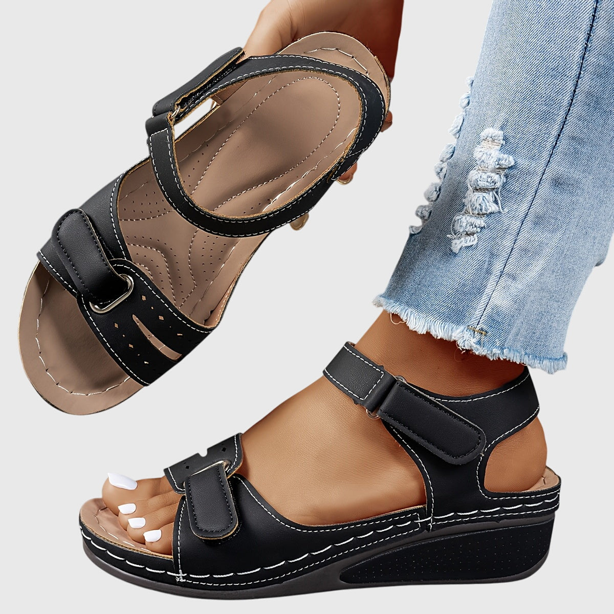 Open Toe Adjustable Strap Slingback Wedge Sandals