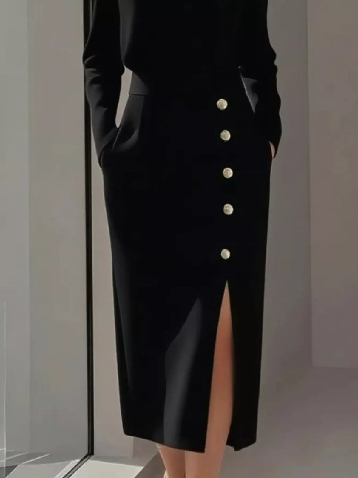 Round Neck Long Sleeve Button Detail Side Split Midi Dress 6