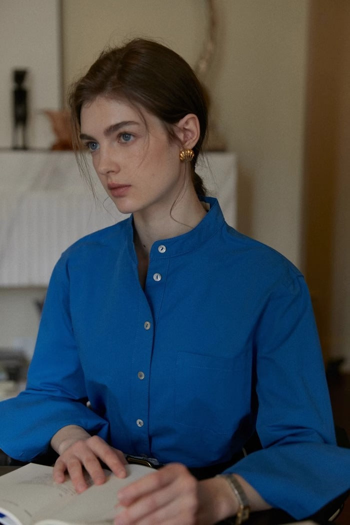 Cotton Mandarin Collar Long Sleeve Top