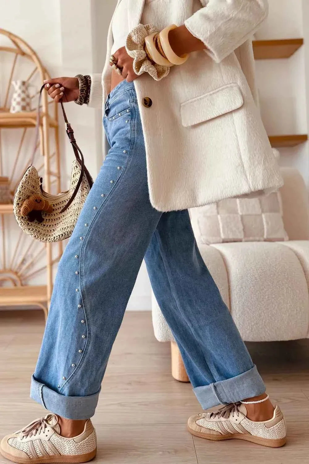 Side Seam Rivet Detail Ankle Length Casual Jeans