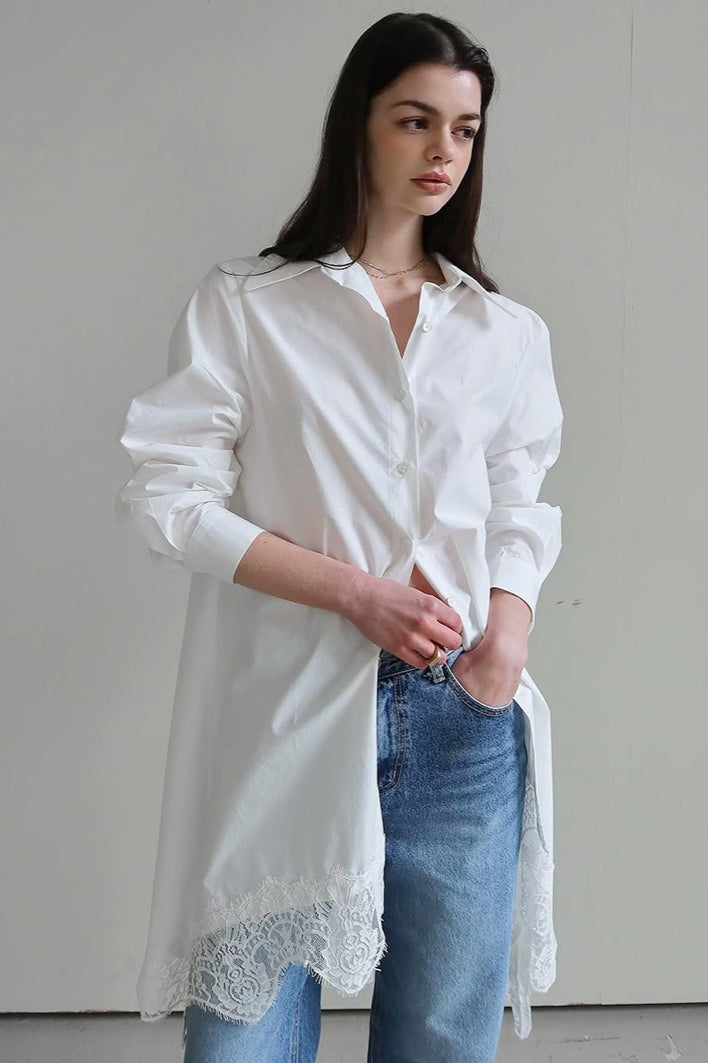 Soft Ruffled Lace Asymmetric Shirtdress Long Sleeve Mini Dress - View 3