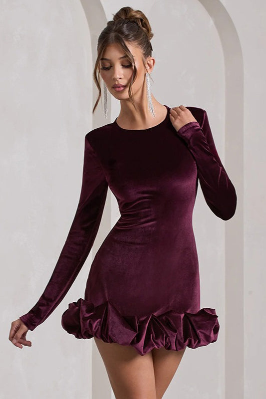 Luxe Velvet Crew Neck Pleated Long Sleeve Mini Dress - View 3