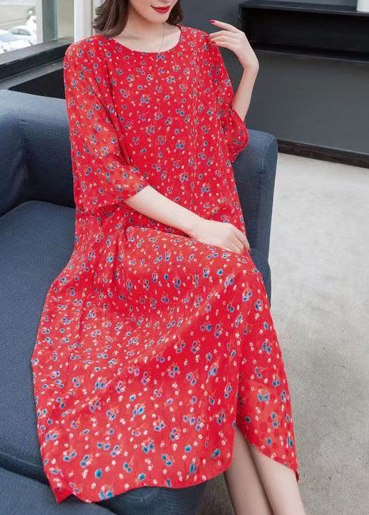 Ditsy Floral Print Chiffon Round Neck Three Quarter Sleeve A-Line Midi Dress