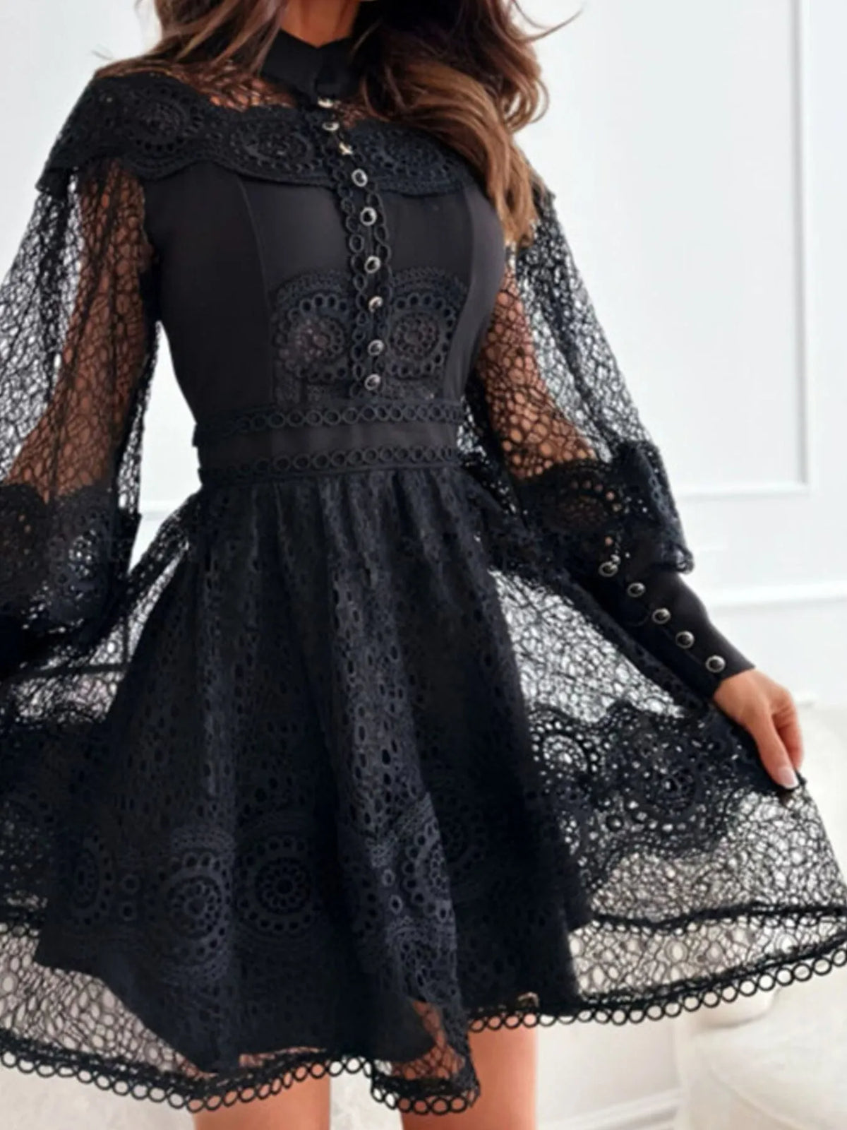 Lace Lantern Sleeve Mini Dress