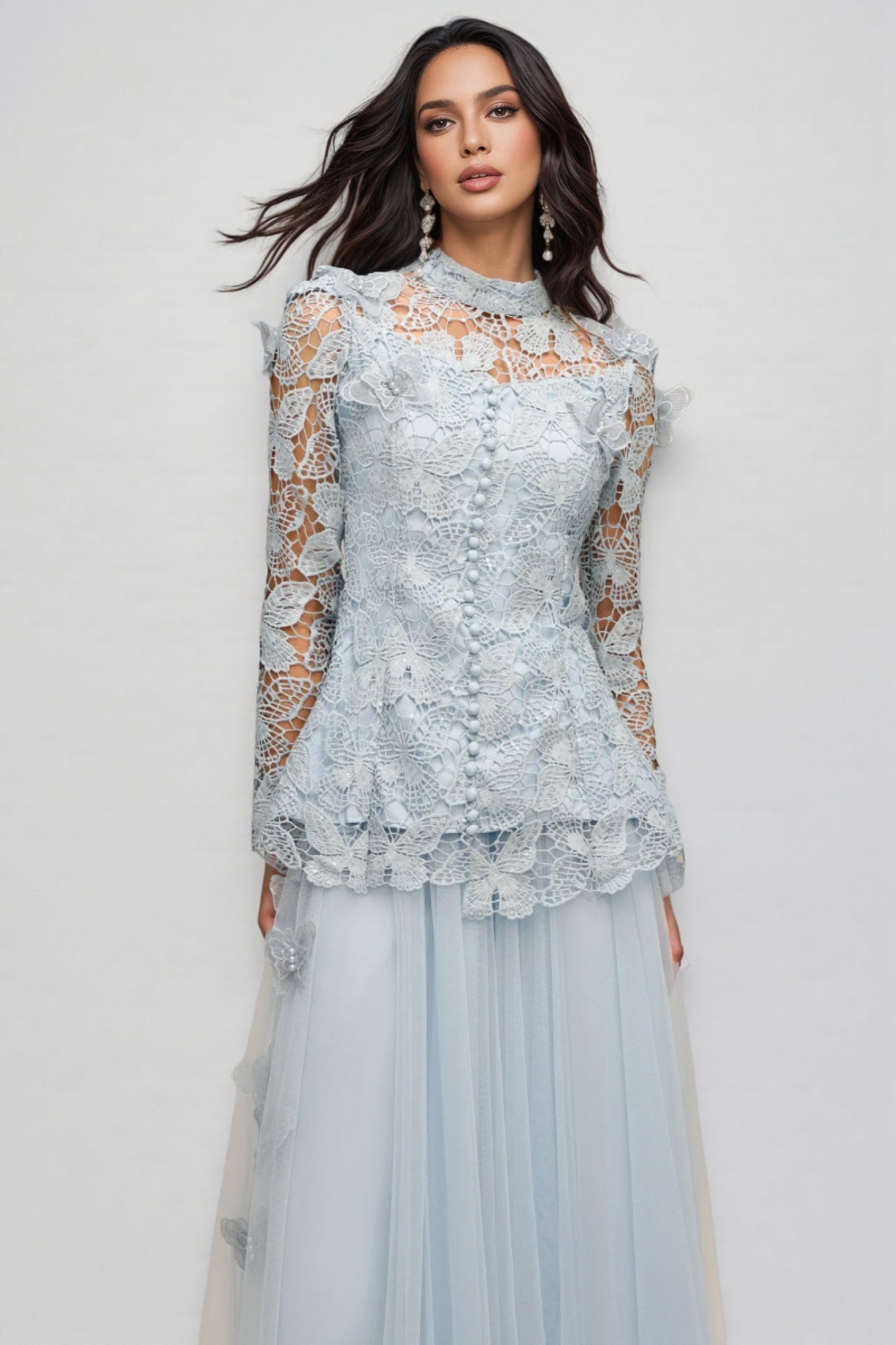 Butterfly Lace Long Sleeve Mock Neck Button Peplum Top Tulle Skirt Two Piece Set
