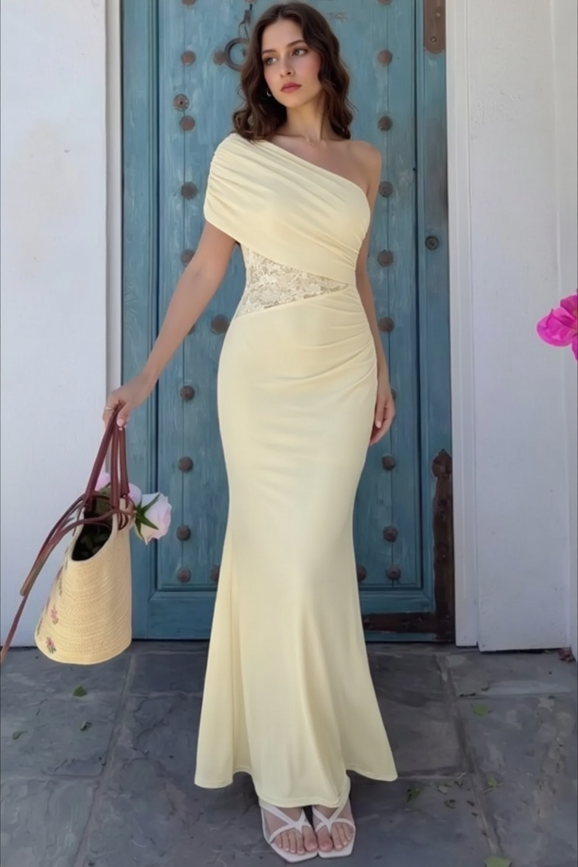 One Shoulder Ruched Waist Cinch Maxi Slim Bodycon Dress
