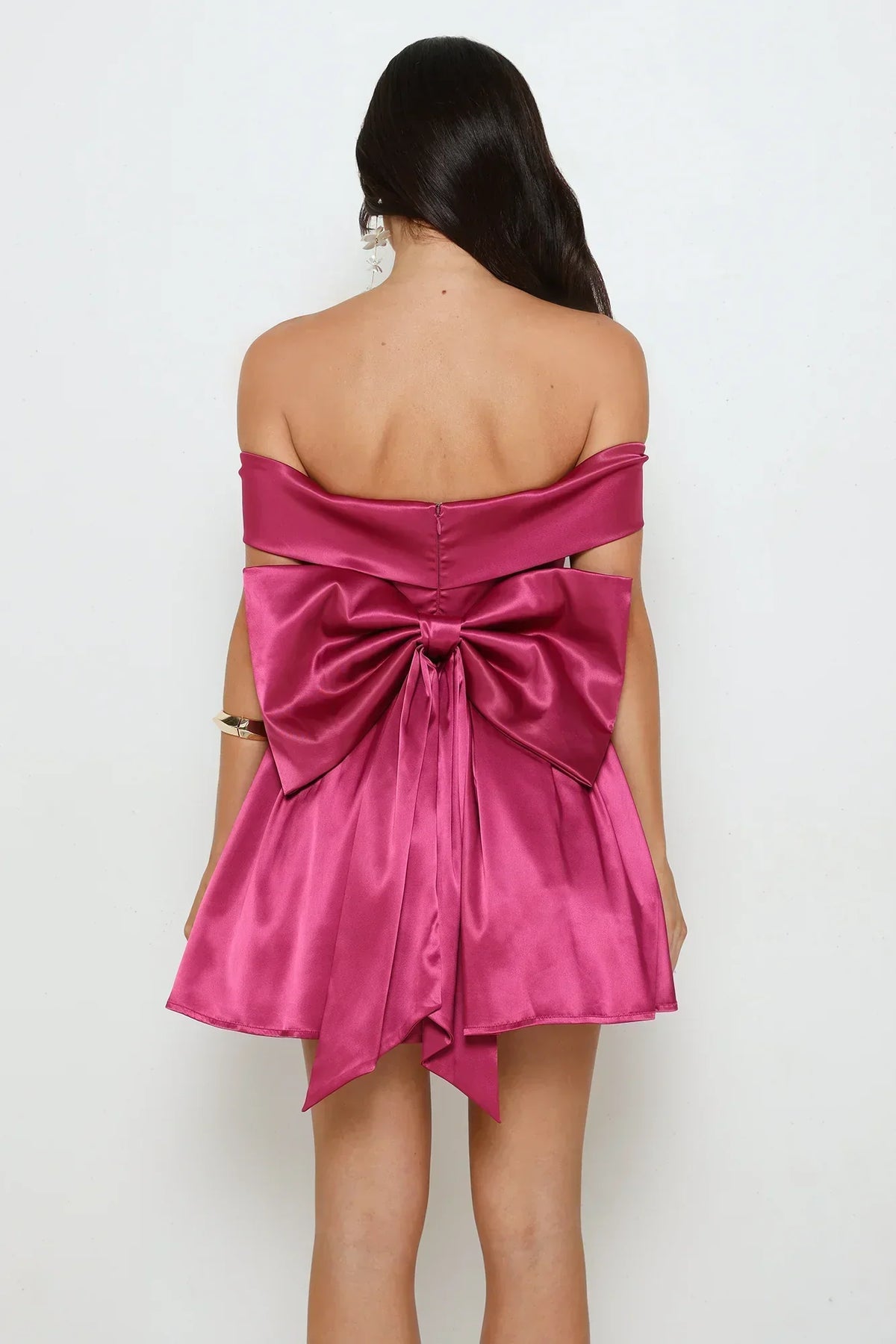 Satin Off Shoulder Twist Neckline Bow Back Fit and Flare Mini Dress 6