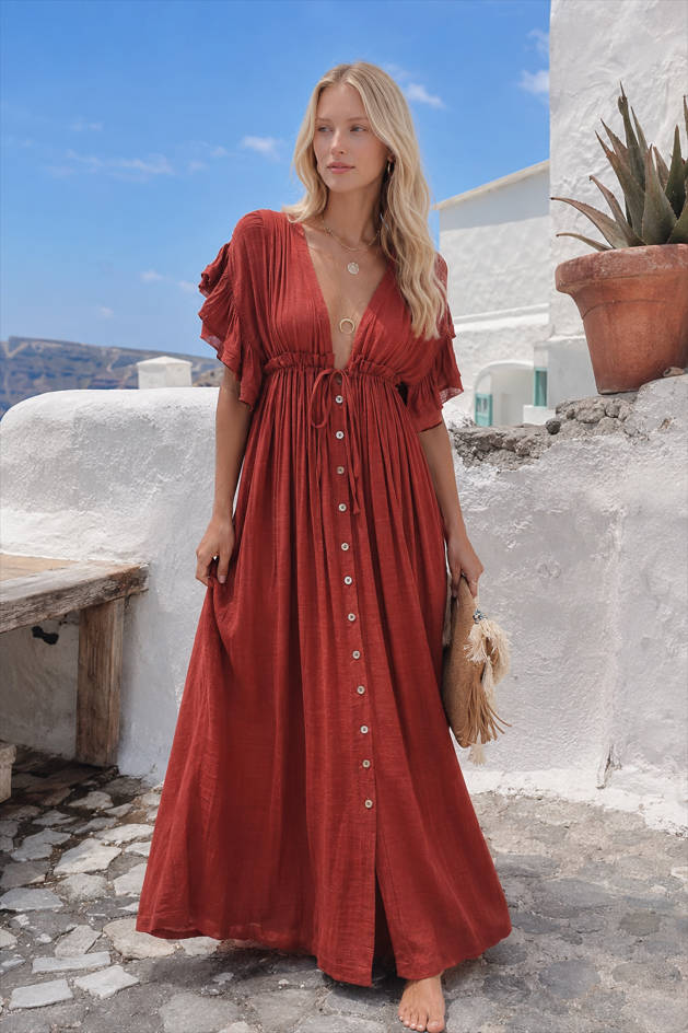 Button Front Drawstring Waist Maxi Boho Dress