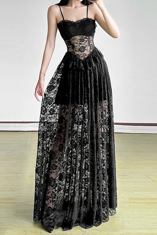 Sleeveless Ruffled Waist Maxi Lace Dress 7