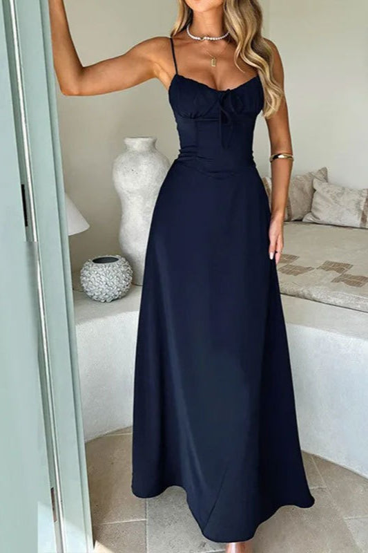 Satin Spaghetti Strap Sweetheart Tie Front Mermaid Maxi Dress