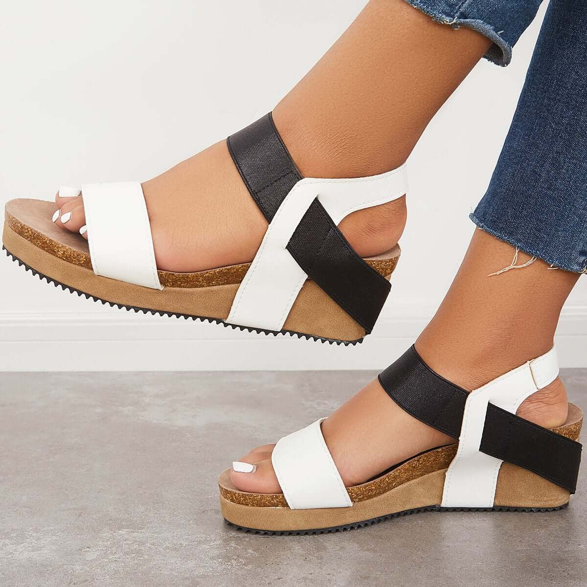 Open Toe Cork Footbed Platform Wedges Ankle Strap Sandals